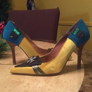 Multi colored high heeled pumps.